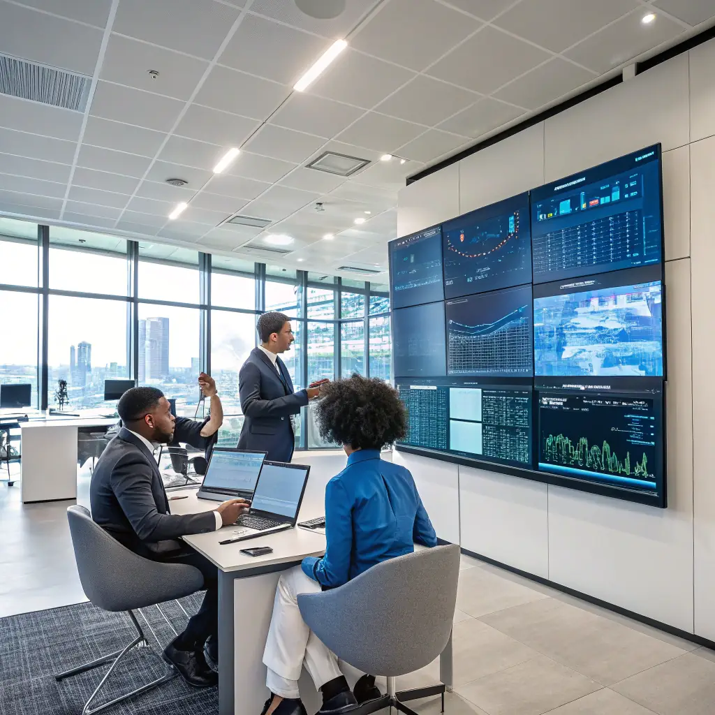 A professional team of IT consultants collaborating on a digital banking solution, showcasing 银辉科技's expertise in financial technology.