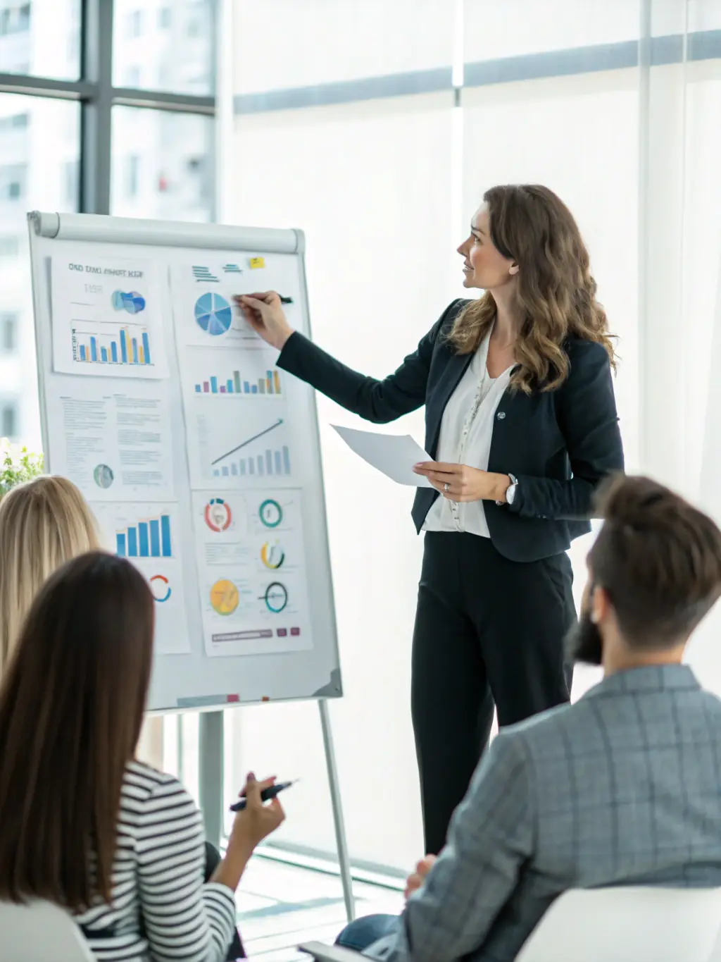 A confident businesswoman giving a presentation in a modern office, representing professional English training.