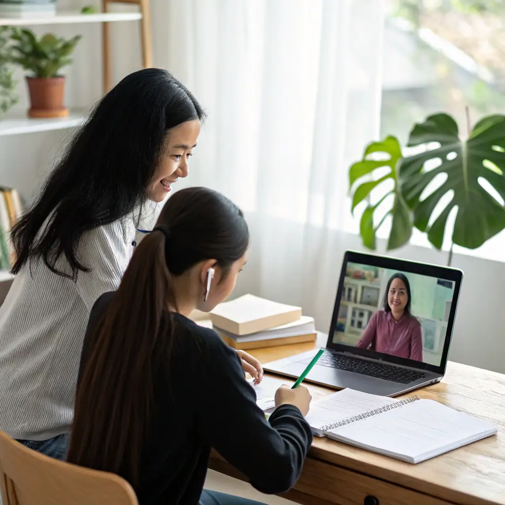 A smiling male tutor with a laptop, ready to teach online, representing remote learning opportunities.
