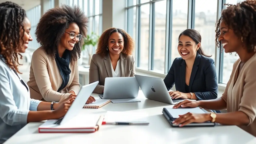 A group of diverse women are collaborating on a project in a modern office setting, symbolizing women leadership and empowerment.