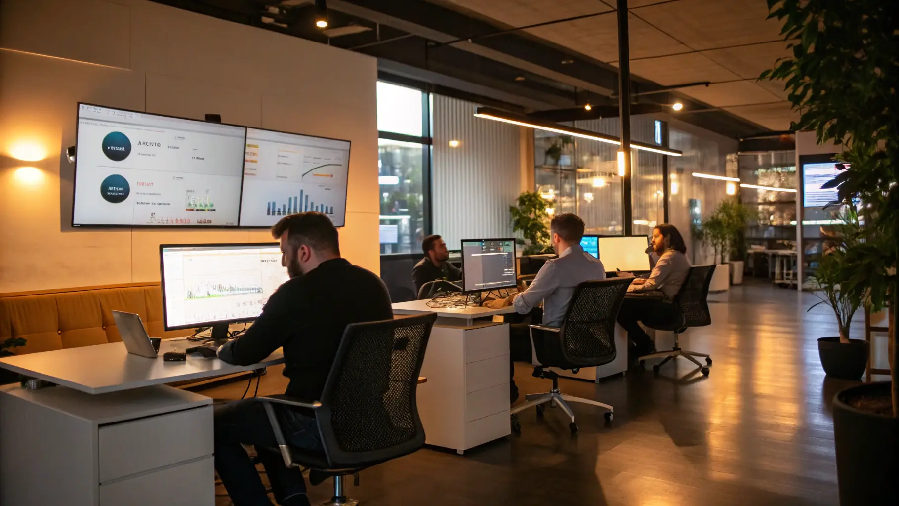 A futuristic office space with computers and people working on digital marketing projects.