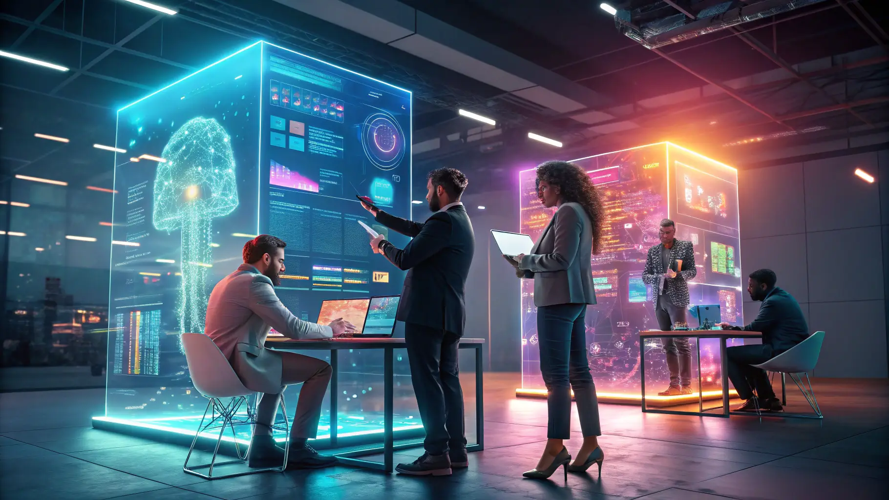 A futuristic digital marketing workspace with virtual reality elements and AI interfaces, representing SAMTASHI's expertise in metaverse design and AI marketing.