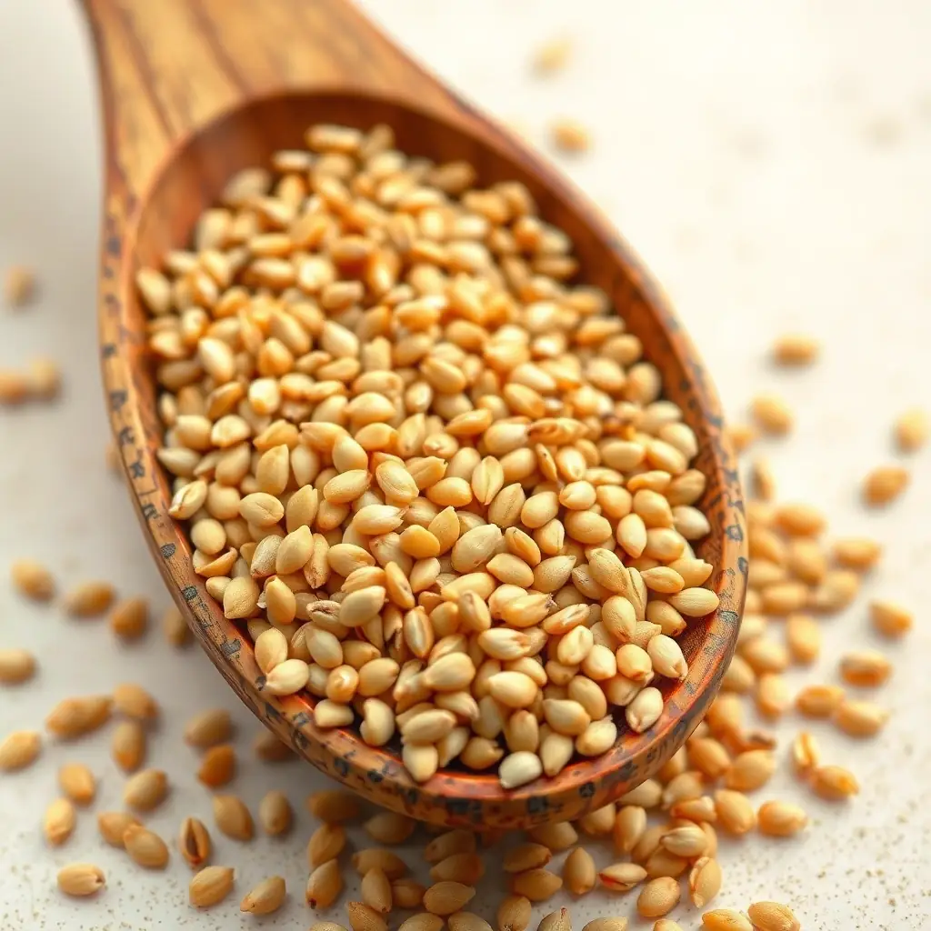 Pile of sesame seeds, with a wooden spoon scooping some up, symbolizing the sesame seeds commodity.