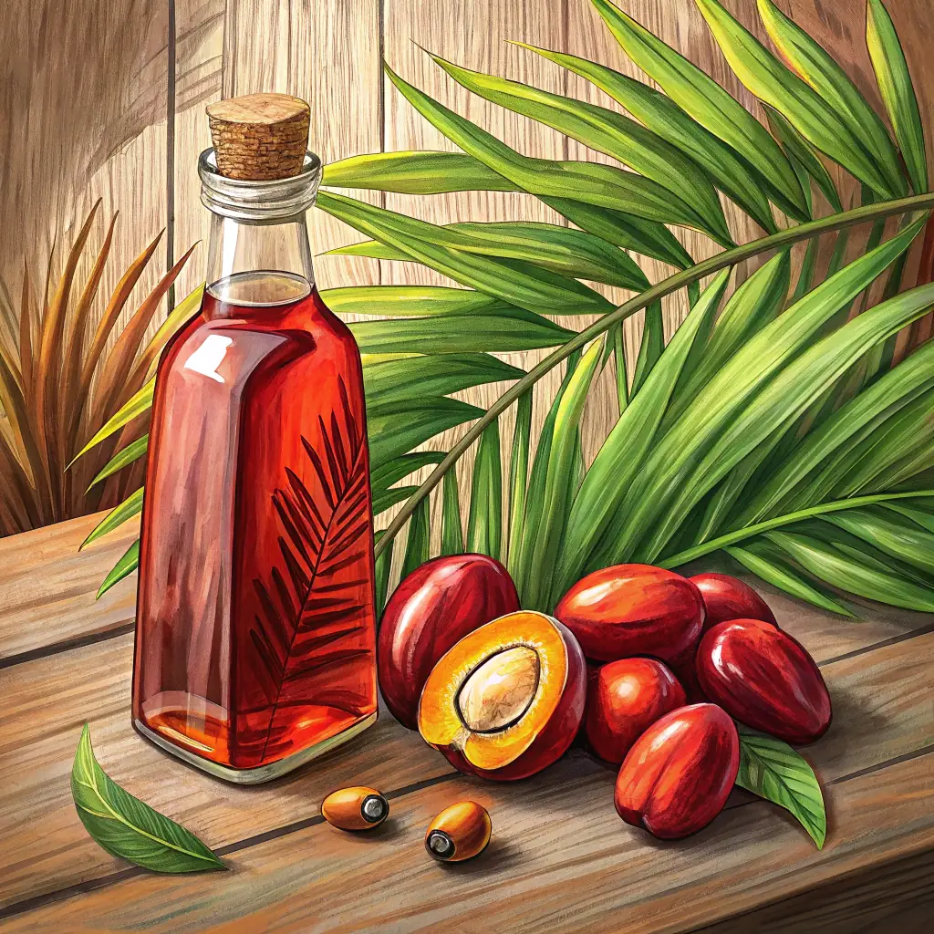 Close-up of fresh palm oil fruits, with a palm tree plantation in the background, symbolizing the palm oil commodity.