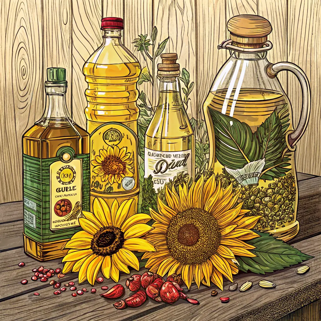 Bottles of golden sunflower oil, with sunflowers in the background, symbolizing the sunflower oil commodity.