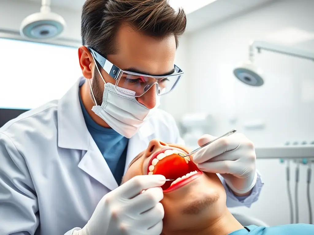 A dentist examining a patient's teeth with modern equipment in a bright, clean dental office.