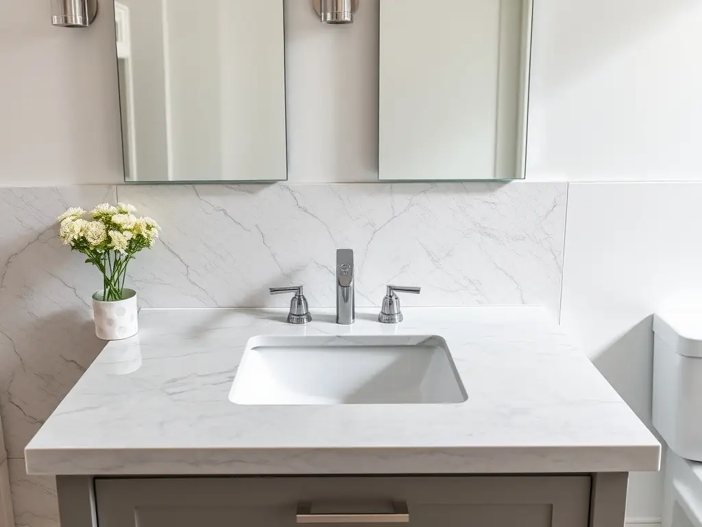 A luxurious bathroom featuring a custom-built vanity with a quartzite countertop, a walk-in shower with glass doors, and elegant tile flooring, reflecting Final Touch Granite's commitment to quality and design.