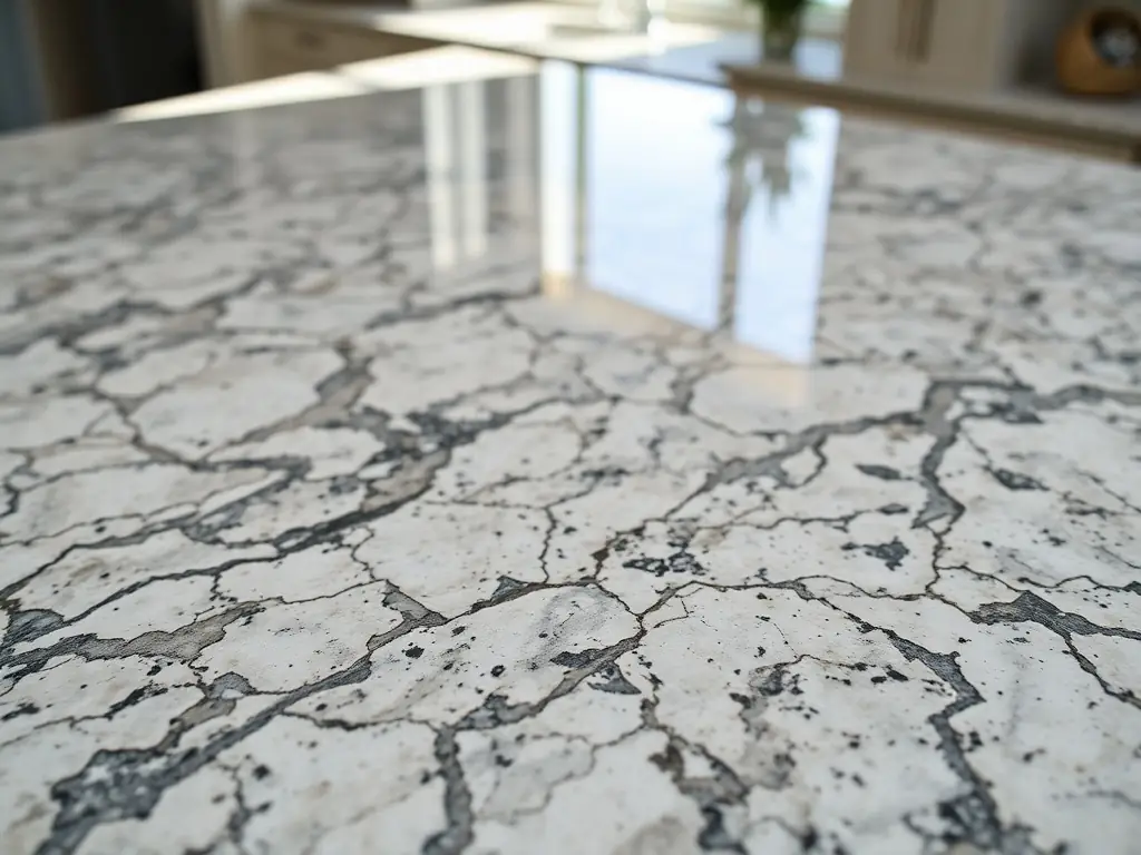 A close-up shot of a newly installed granite countertop with intricate veining and a smooth, polished surface, highlighting Final Touch Granite's expertise in custom surface fabrication and installation.