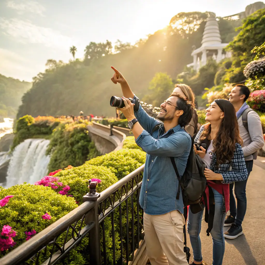 A diverse group of tourists happily exploring iconic landmarks in the USA, such as the Statue of Liberty and the Golden Gate Bridge, representing the opportunities a Tourist USA Visa provides.