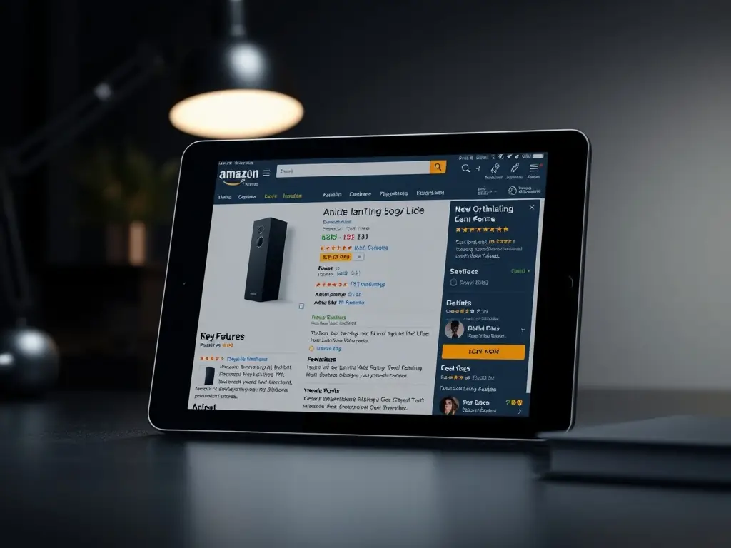 A visually appealing image showcasing a well-optimized Amazon product listing with high-quality images, clear descriptions, and customer reviews, highlighting the key elements of a successful listing.
