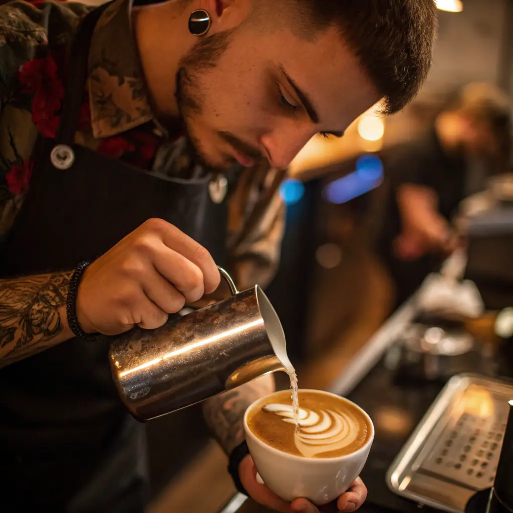 A photograph of a barista expertly pouring latte art into a cappuccino at BrewilloCafe, with a warm and inviting atmosphere in the background. The image should convey the care and artistry that goes into each cup of coffee.