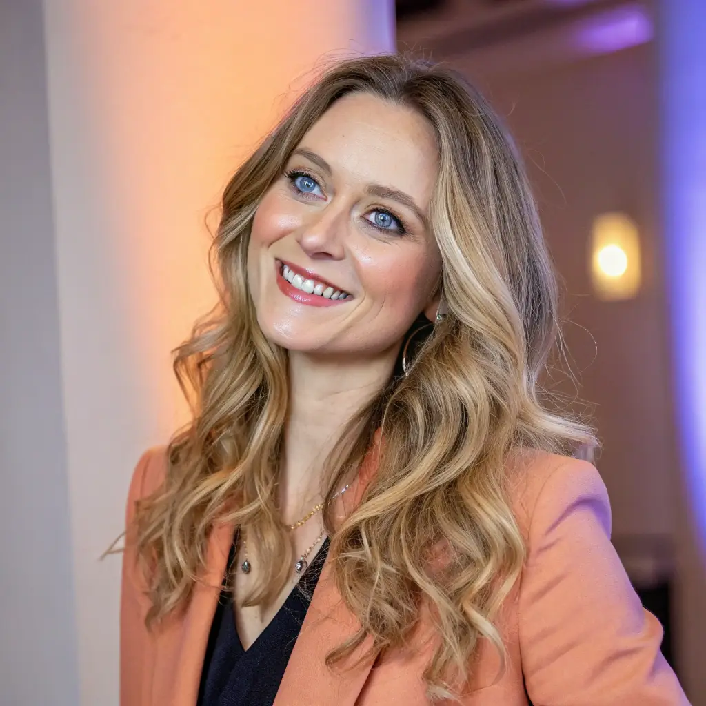 Laura Keller hat lange, blonde Haare und trägt ein helles Kostüm, sie wirkt sehr kompetent und zuverlässig.