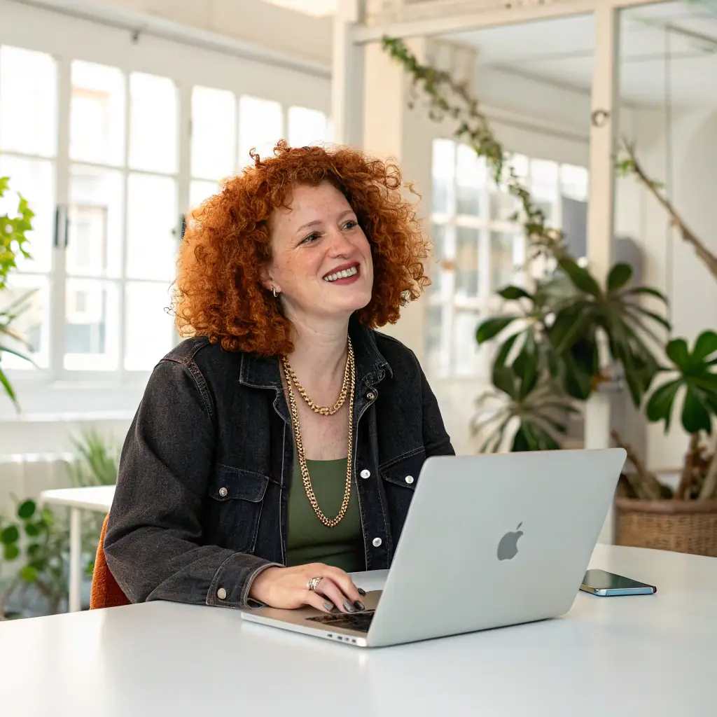 Sophie Weber hat rote, lange Haare und trägt eine Bluse, sie lächelt freundlich und wirkt sehr organisiert.