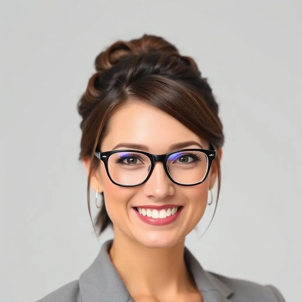 Anna Meier lächelt freundlich in die Kamera, sie hat braune, schulterlange Haare und trägt eine elegante Brille.