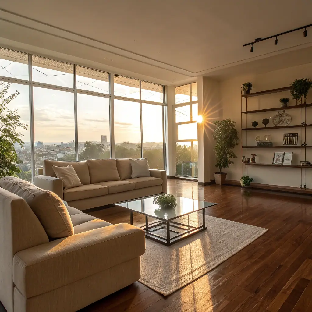 A sleek, modern interior shot of a professionally cleaned living room with bright lighting, emphasizing cleanliness and freshness, suitable for the about section background media.