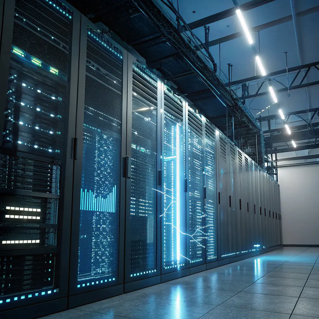 A futuristic server room with glowing lights and data streams, symbolizing the indexing process of search engines. The image should convey efficiency and technological advancement.
