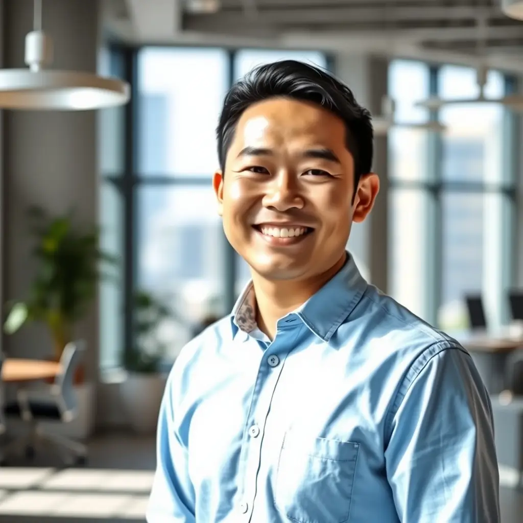 Akihiro is a friendly Asian man with a warm smile. He is wearing a business casual outfit and standing in a modern office setting.