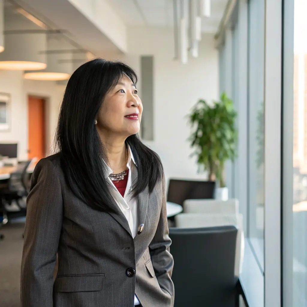 A friendly Asian person with a warm smile, wearing a business casual outfit, standing in a modern office setting with a blurred background.
