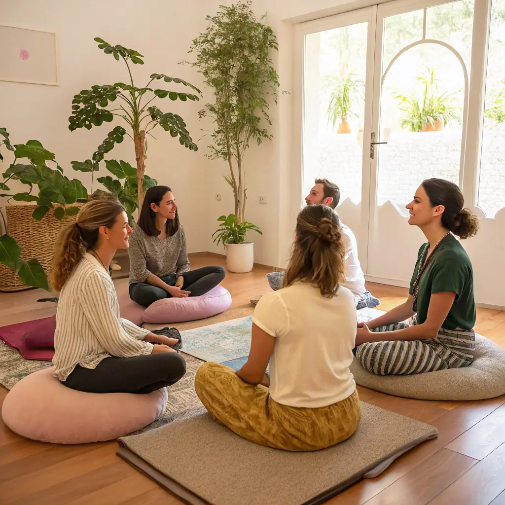 Immagine di un gruppo di persone sedute in cerchio in un ambiente calmo e naturale, che trasmette sensazioni di ascolto, presenza e vitalità