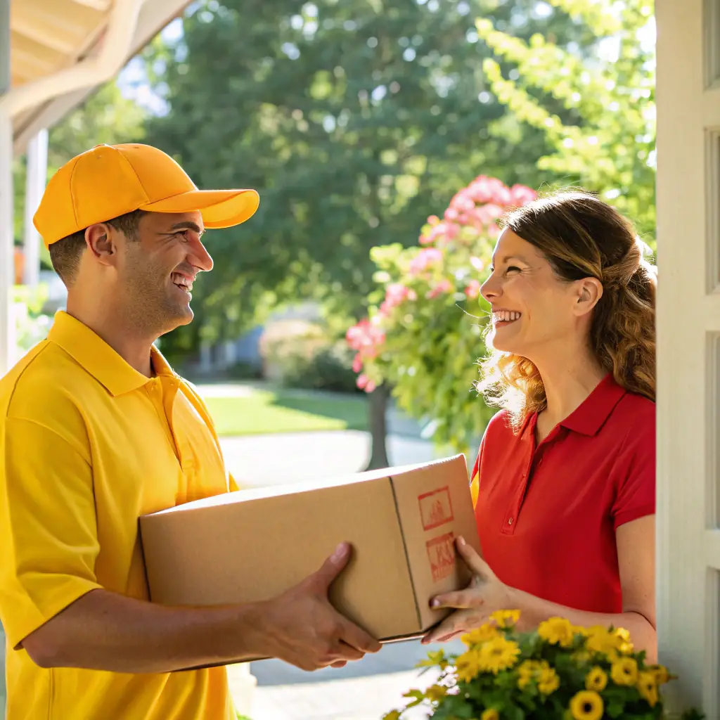 A friendly delivery driver handing a package to a customer in front of a colorful row house in Adams Morgan, Washington, DC. The scene is bright and inviting, showcasing the convenience of Mr. Green DC's delivery service.