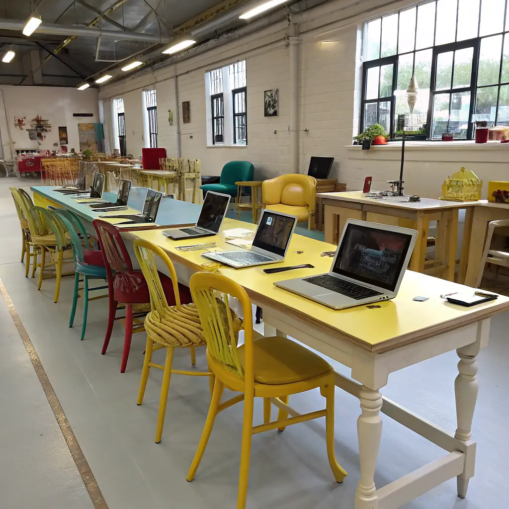 A detailed interior cabinet design and drafting scene showing precise mill shop drawings with CNC machinery in a modern workshop environment