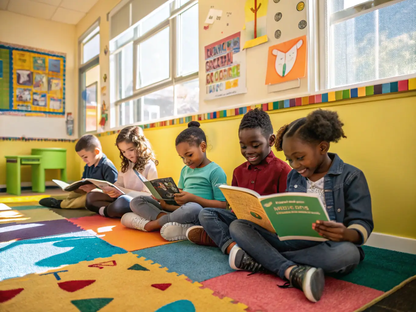 A group of diverse children happily learning together in a vibrant classroom setting.
