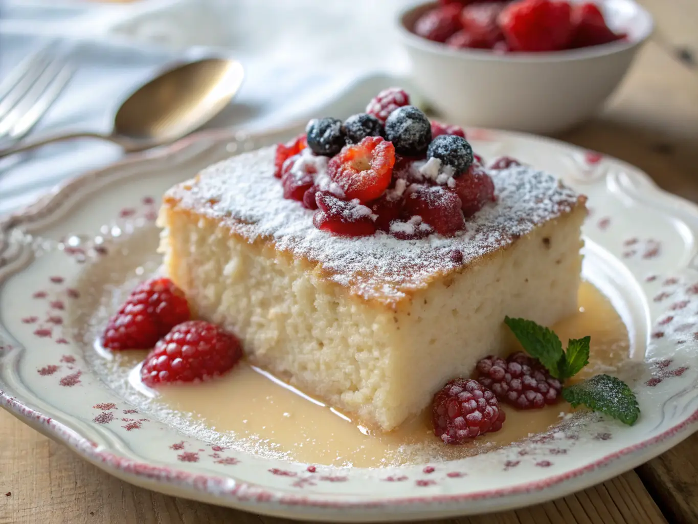A bright, inviting image of Dr. Deepika's organic vanilla cake, showcasing its light and fluffy texture. The cake is adorned with fresh organic berries and a light dusting of powdered sugar, placed on a rustic wooden table with a pitcher of organic milk.