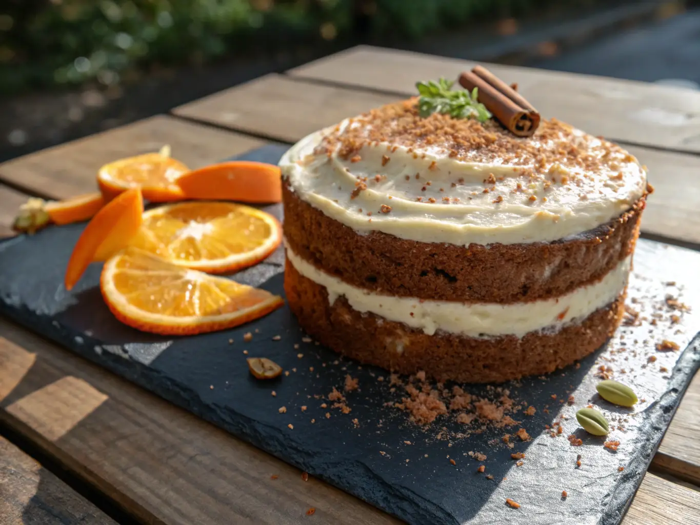 A vibrant, naturally lit photograph of a slice of Dr. Deepika's organic carrot cake on a white plate, showcasing the moist texture and visible carrot shreds, with a sprig of mint as garnish. The background is a softly blurred kitchen setting with organic ingredients like carrots and nuts.