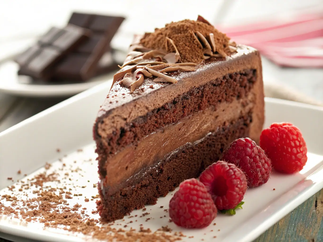 A close-up shot of Dr. Deepika's organic chocolate cake, revealing its rich, dark color and decadent frosting. The cake is decorated with organic cocoa nibs and a dusting of powdered sugar, set against a dark, elegant backdrop.