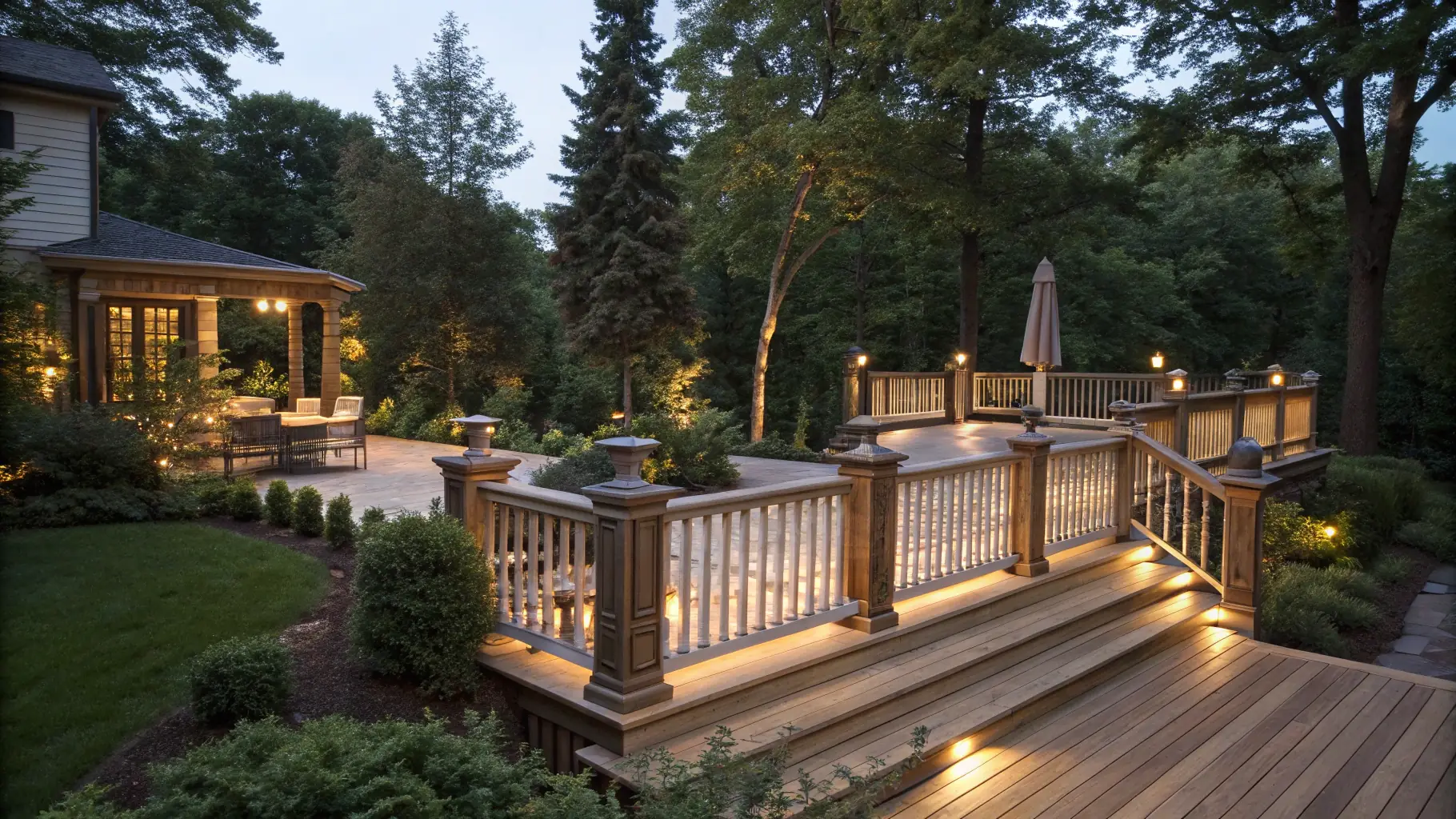A beautifully crafted wooden deck extending from a house into a lush green garden, showcasing the carpentry skills of Steve's Carpentry.