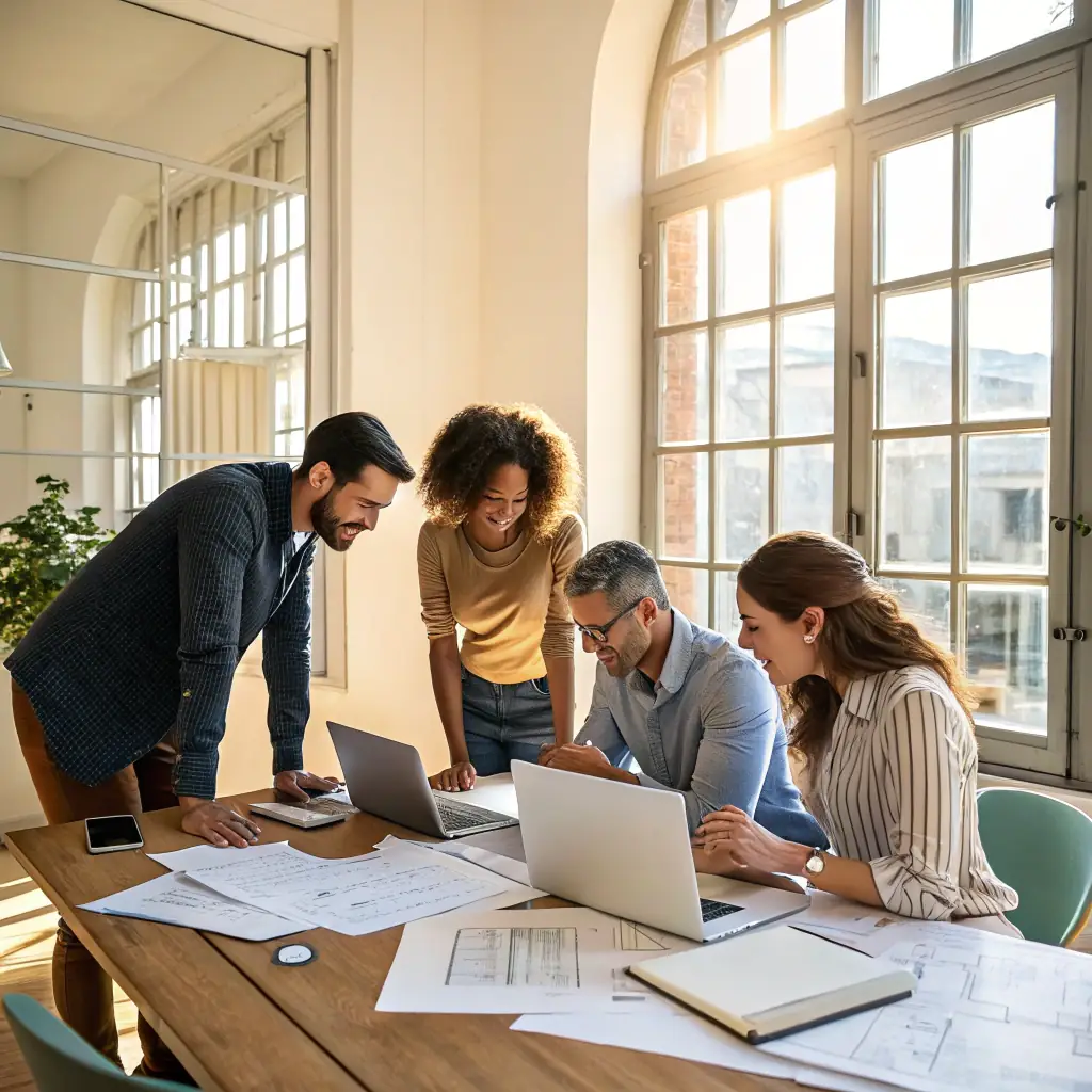 A professional, minimalist photo of a diverse team collaborating in a modern office space, reflecting Wyndix GmbH's global perspective and Swiss precision.