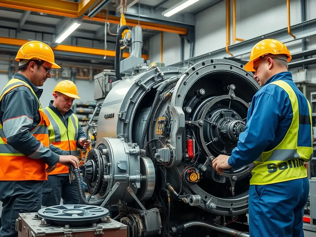 An image of industrial machinery being repaired by skilled technicians in a modern workshop.