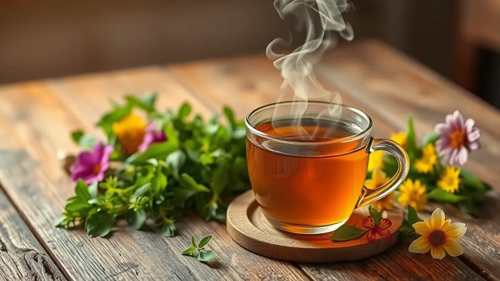 A serene image of a steaming cup of herbal tea surrounded by fresh herbs and natural elements, emphasizing health, relaxation, and tradition.