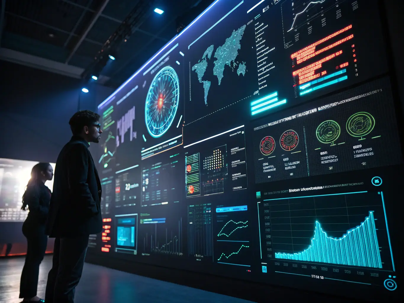 a futuristic analytics interface with data streams and threat indicators, emphasizing cutting-edge security solutions