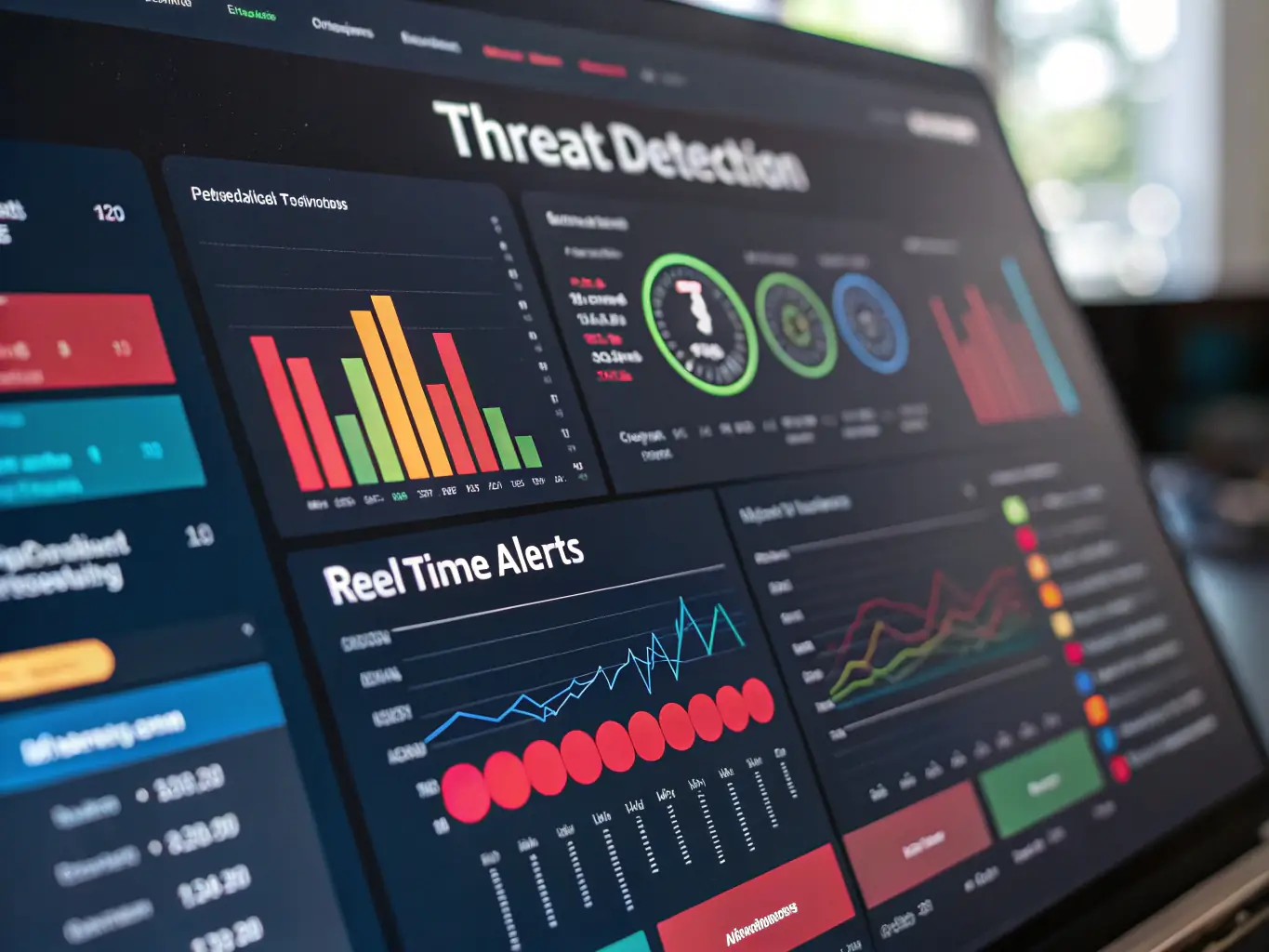 a sleek dashboard displaying analytics graphs and threat detection alerts, symbolizing advanced cybersecurity insights