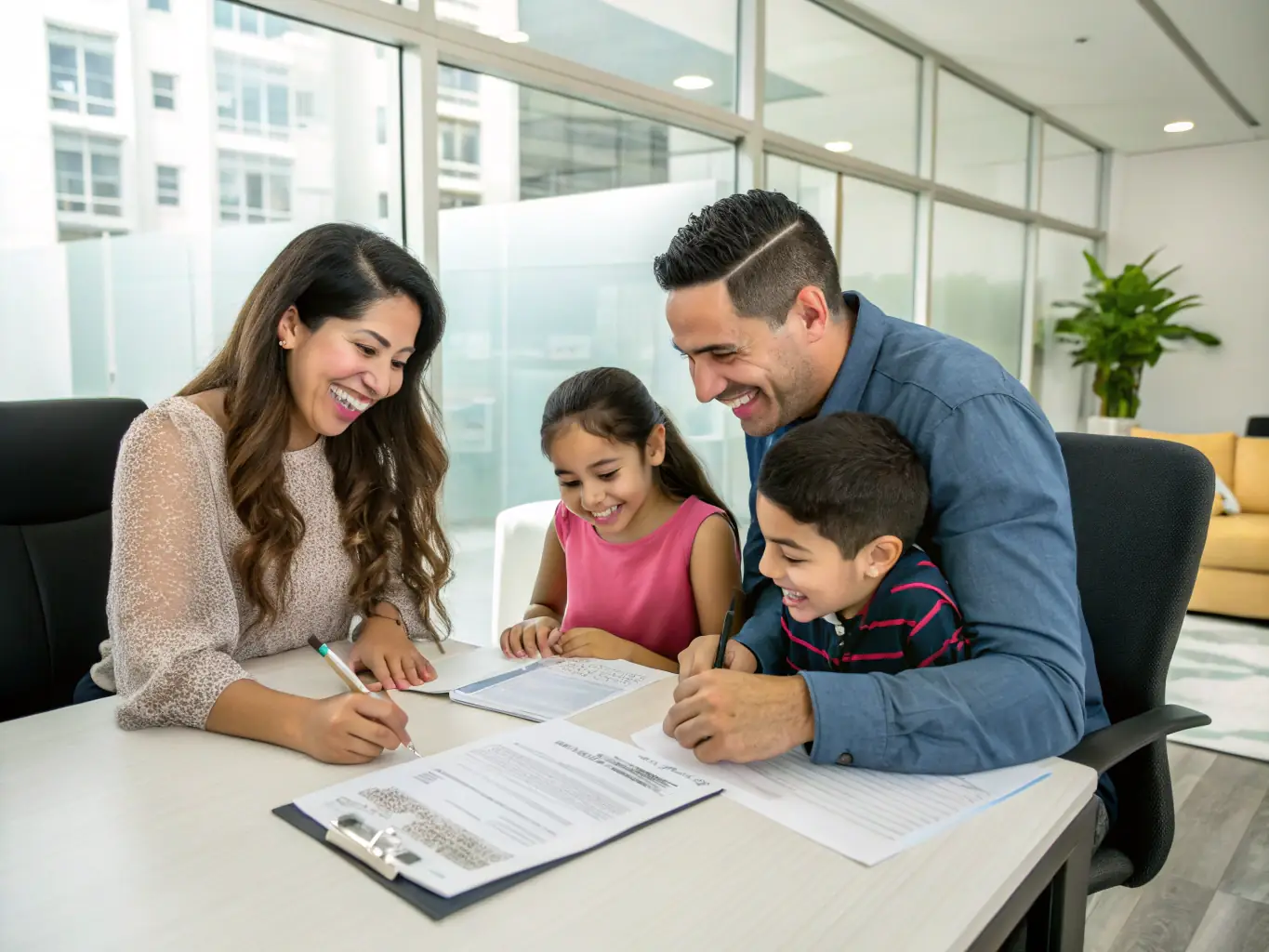 A happy Mexican and Vietnamese family smiling and receiving assistance from a Trustpoint representative. The image represents the cultural diversity and support offered by the firm.
