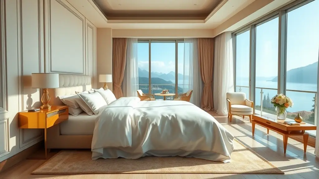 A luxurious hotel suite with a king-size bed, a seating area with plush armchairs, and a balcony overlooking a scenic view. The room is decorated in a modern style with elegant furnishings and soft lighting.
