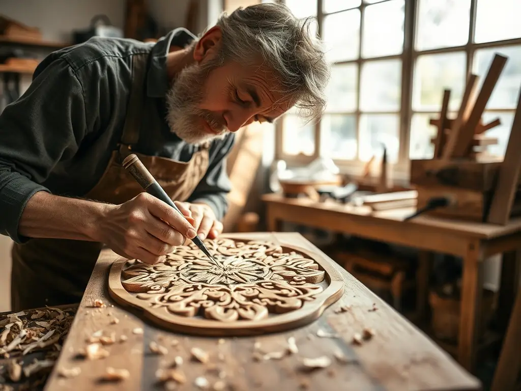 A craftsman carefully carving intricate designs into a wooden handicraft in a workshop filled with tools and raw materials.