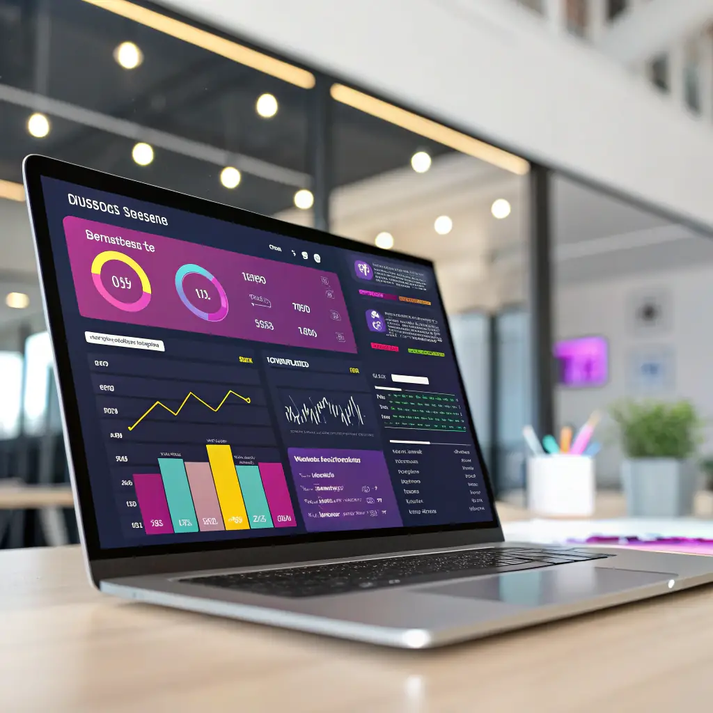 A dynamic image showcasing a dashboard with various marketing metrics and AI-driven insights, symbolizing data-driven decision-making and automated marketing processes. The image should convey efficiency and technological advancement.