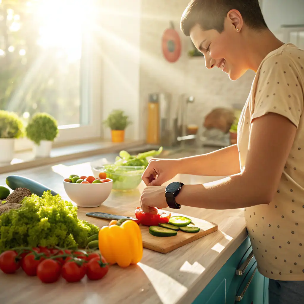 A person wearing a wearable device while preparing a healthy meal after a workout, symbolizing the integration of technology and healthy living.