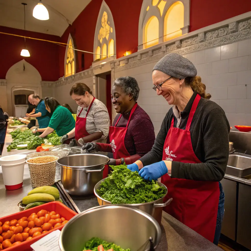 A group of volunteers serving food at the S'Antonio Messina soup kitchen, showcasing the organization's commitment to feeding the hungry and supporting the community.