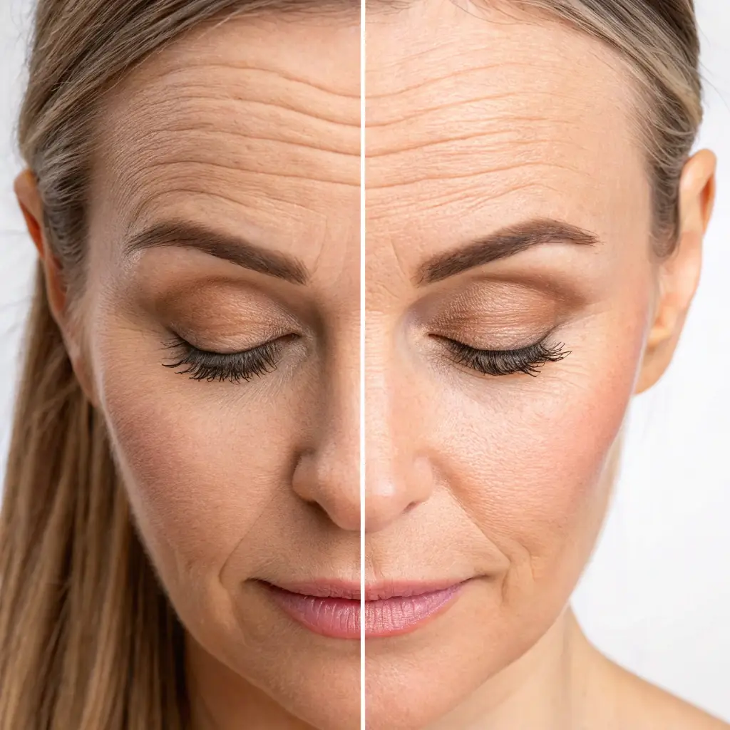 A close-up shot of a woman's face, focusing on the area around her eyes and forehead, before and after anti-wrinkle injections. The 'before' side shows fine lines and wrinkles, while the 'after' side shows smoother, rejuvenated skin. The lighting is soft and natural, emphasizing the subtle yet effective results of the treatment.