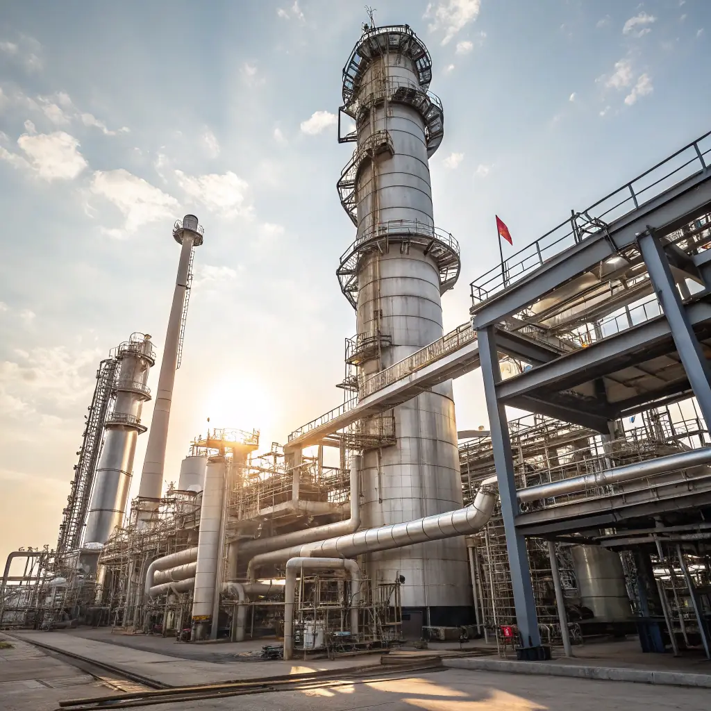 A modern oil refinery with green vegetation surrounding the facility, symbolizing the company's commitment to sustainability and environmental responsibility. The image should convey innovation and efficiency in oil production.