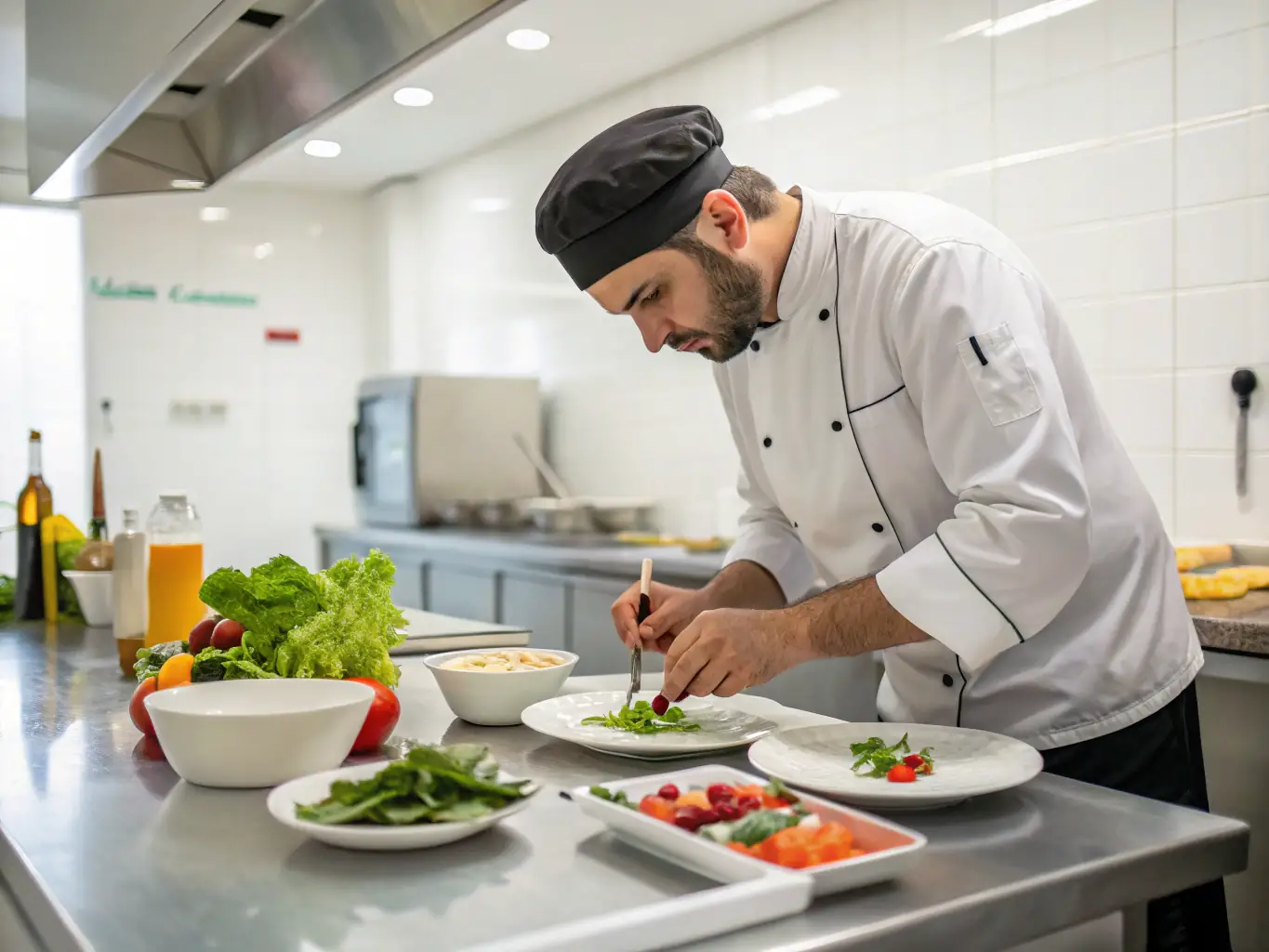 A chef wearing a clean uniform and a smile, preparing food in a spotless kitchen, emphasizing safety and hygiene.