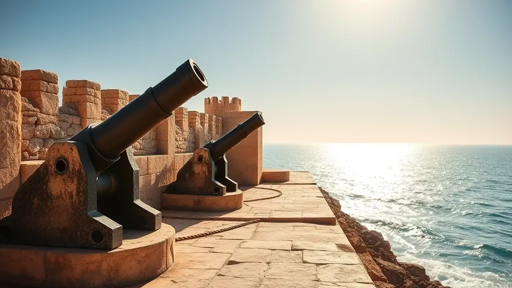 A view of the Skala de la Kasbah, a historic fortress in Essaouira, with cannons pointing out to sea.
