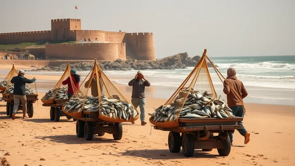 A group of local fishermen hauling their catch on Essaouira's beach, with the Skala de la Kasbah in the background.