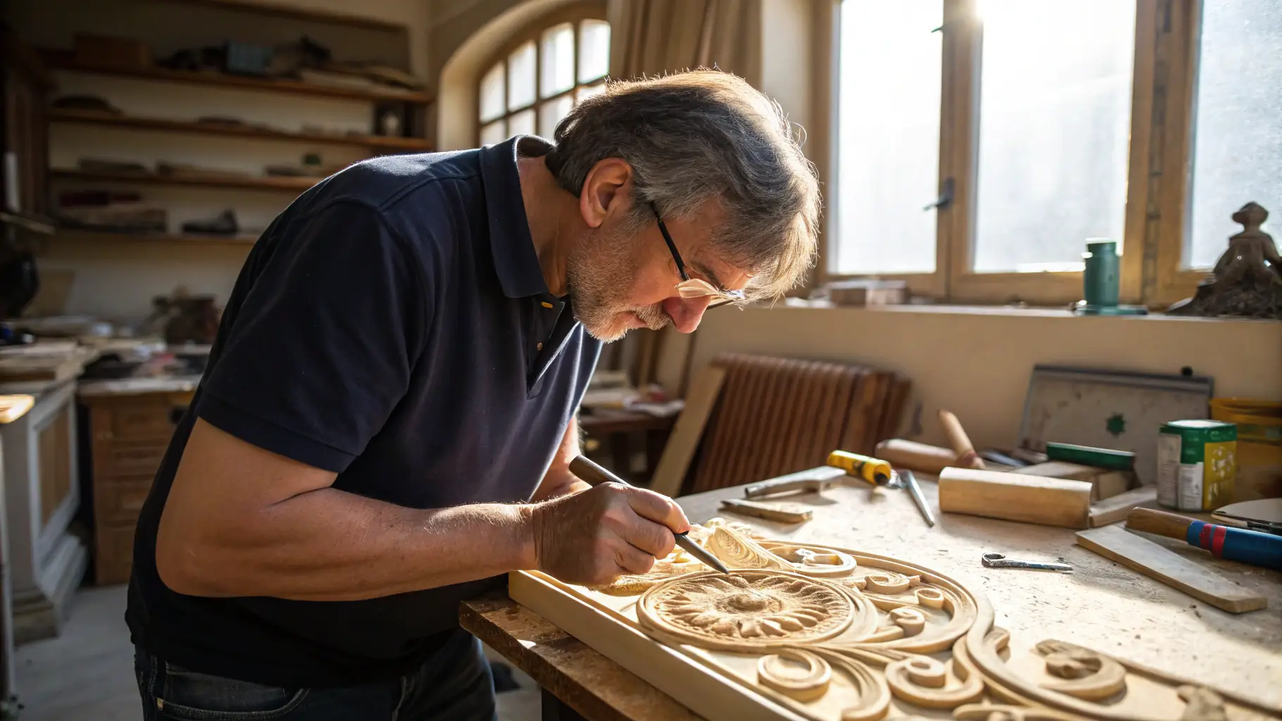 A close-up of a craftsman creating intricate woodwork in Essaouira, showcasing the city's artistic heritage.