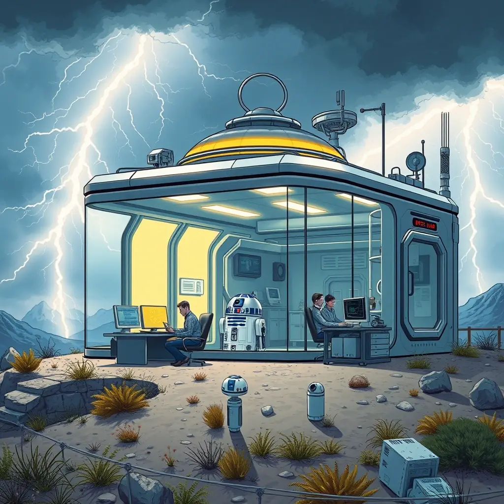 A futuristic, high-tech bunker on a hilltop at Knights Bluff, Texas, with R2-D2 and an Omega Cube visible inside. Social media marketing gurus are working at computers, with satellite and internet dishes on the roof. Lightning strikes in the background, symbolizing the power of SMM.