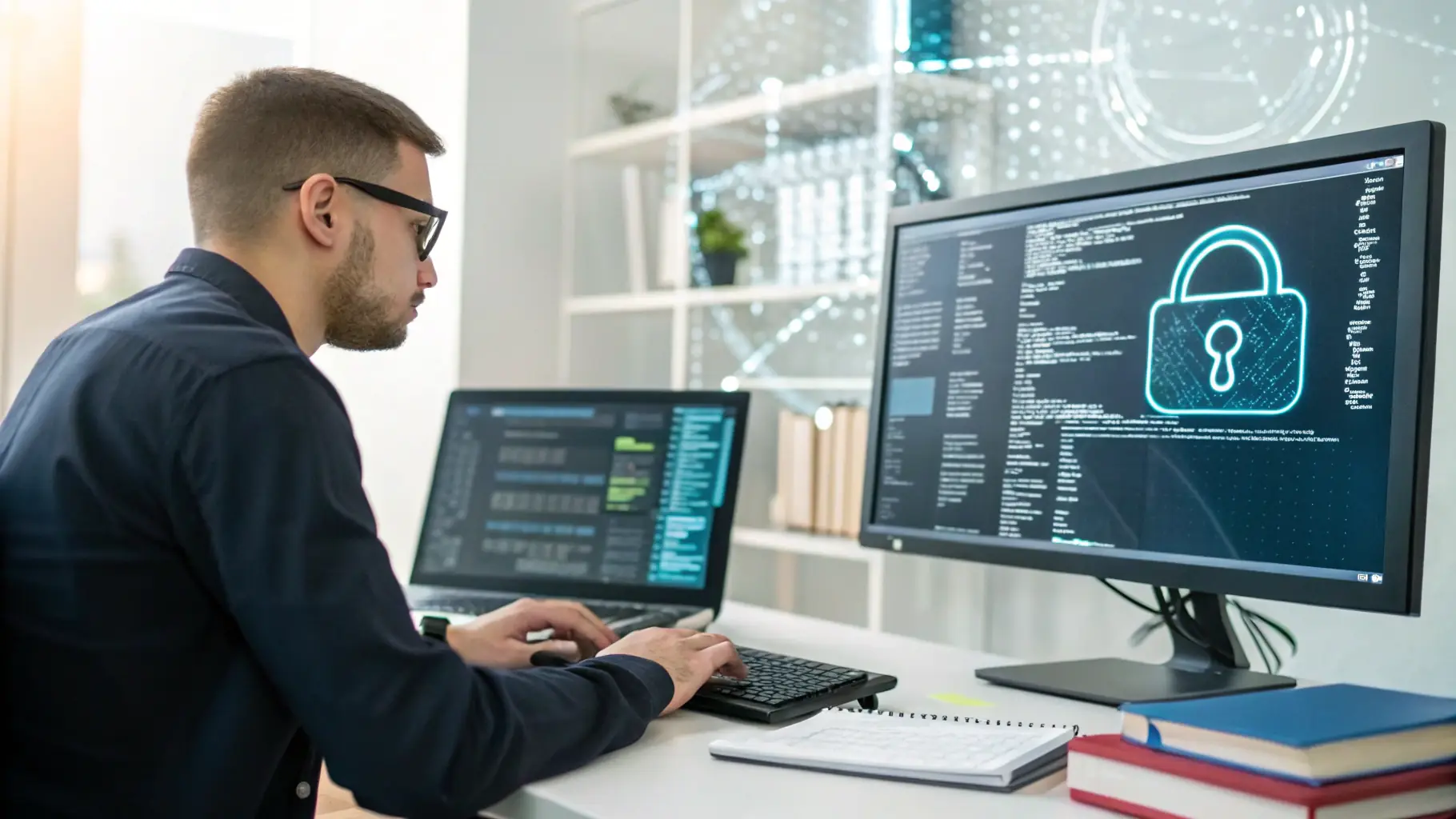 A network security engineer monitoring a dashboard displaying real-time DDoS attack data, with graphs and charts showing traffic patterns and security alerts.
