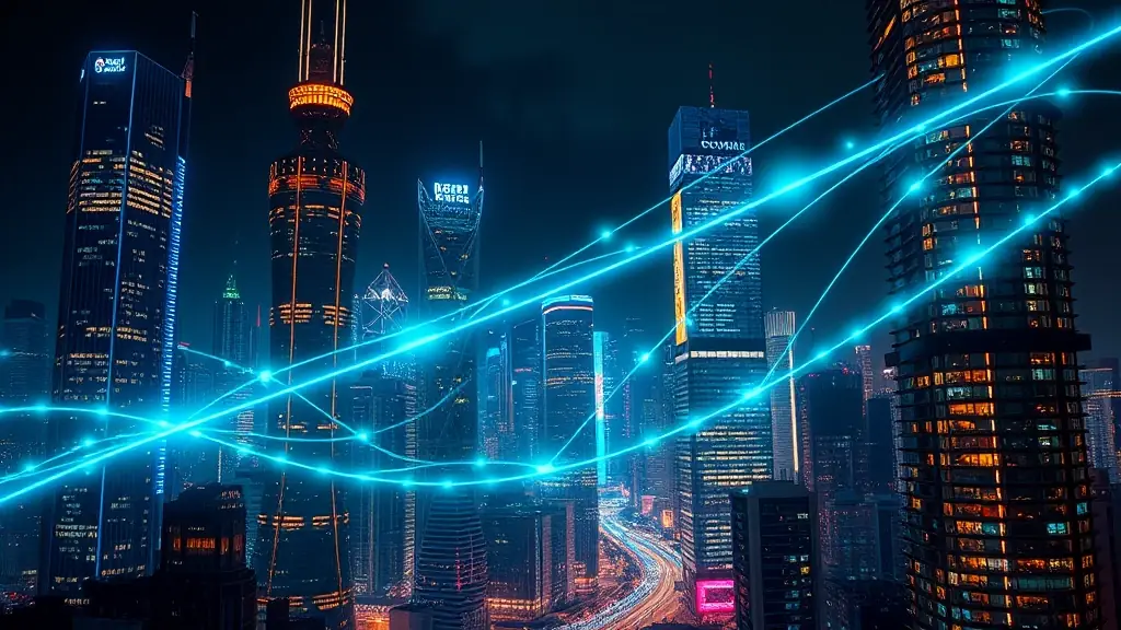 A futuristic cityscape with glowing lines representing data flow and AI connections, symbolizing the integration of AI in urban environments.